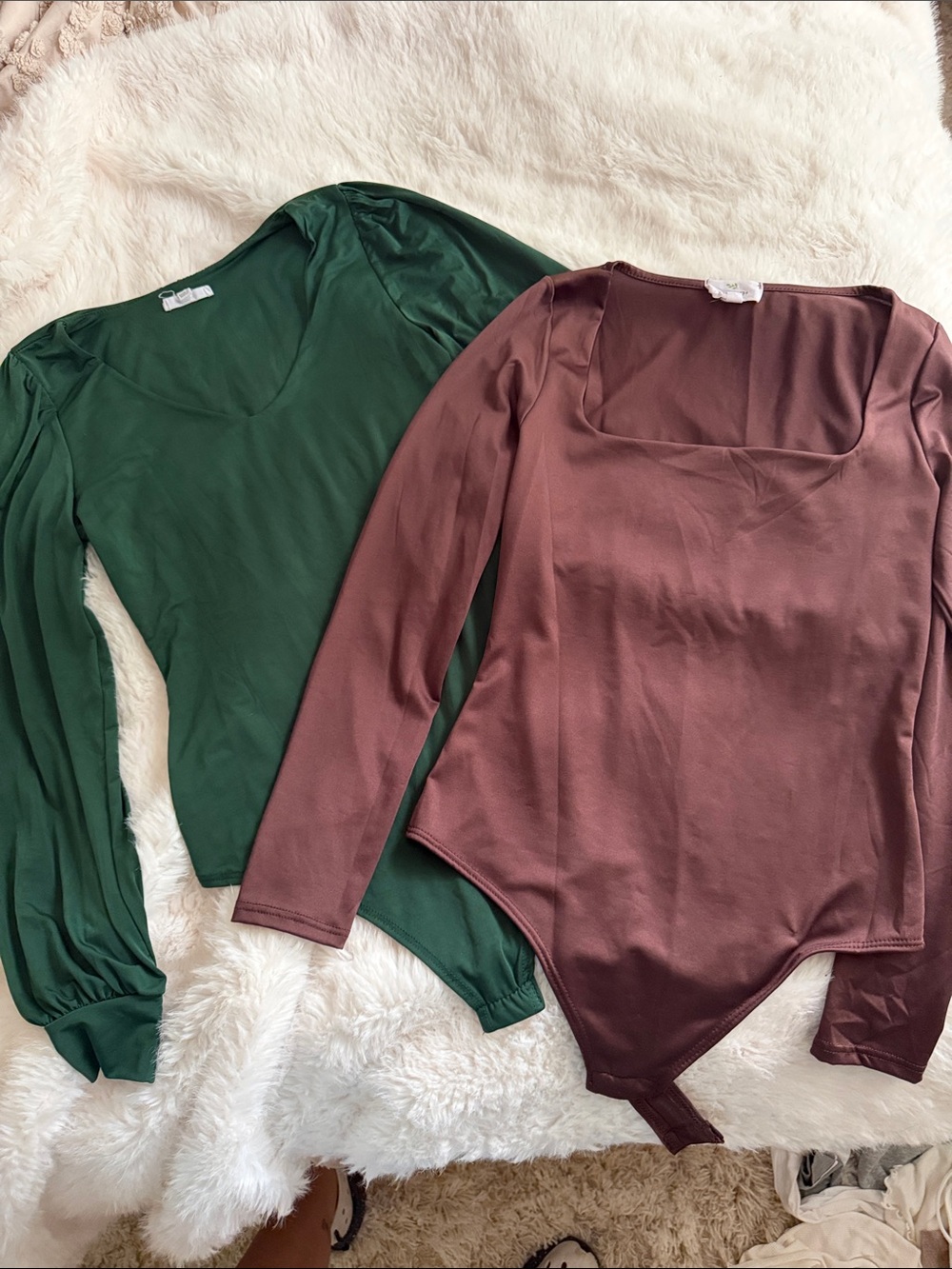 Square Neck Long Sleeve Bodysuit in Forest Green and Chocolate